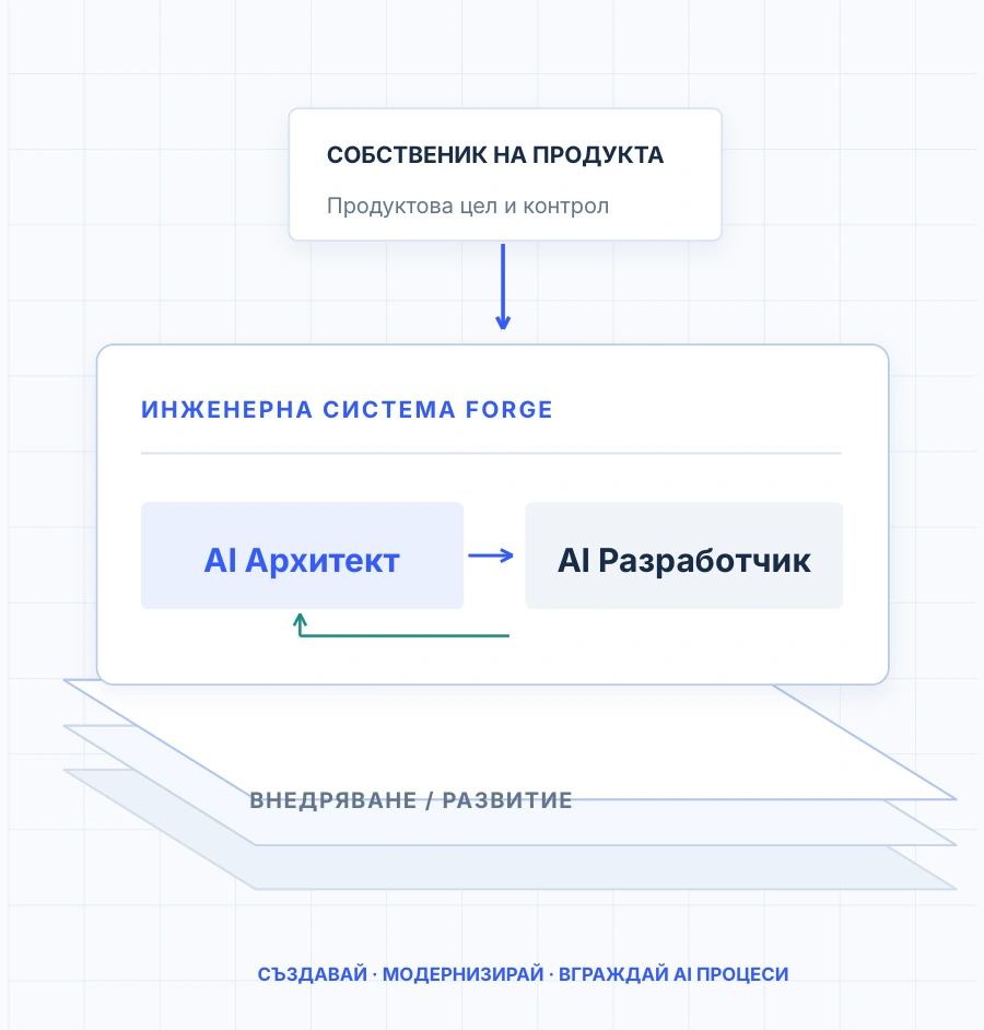 Собственикът управлява система с Архитект и Разработчик, свързана с внедряването и развитието на продукта.